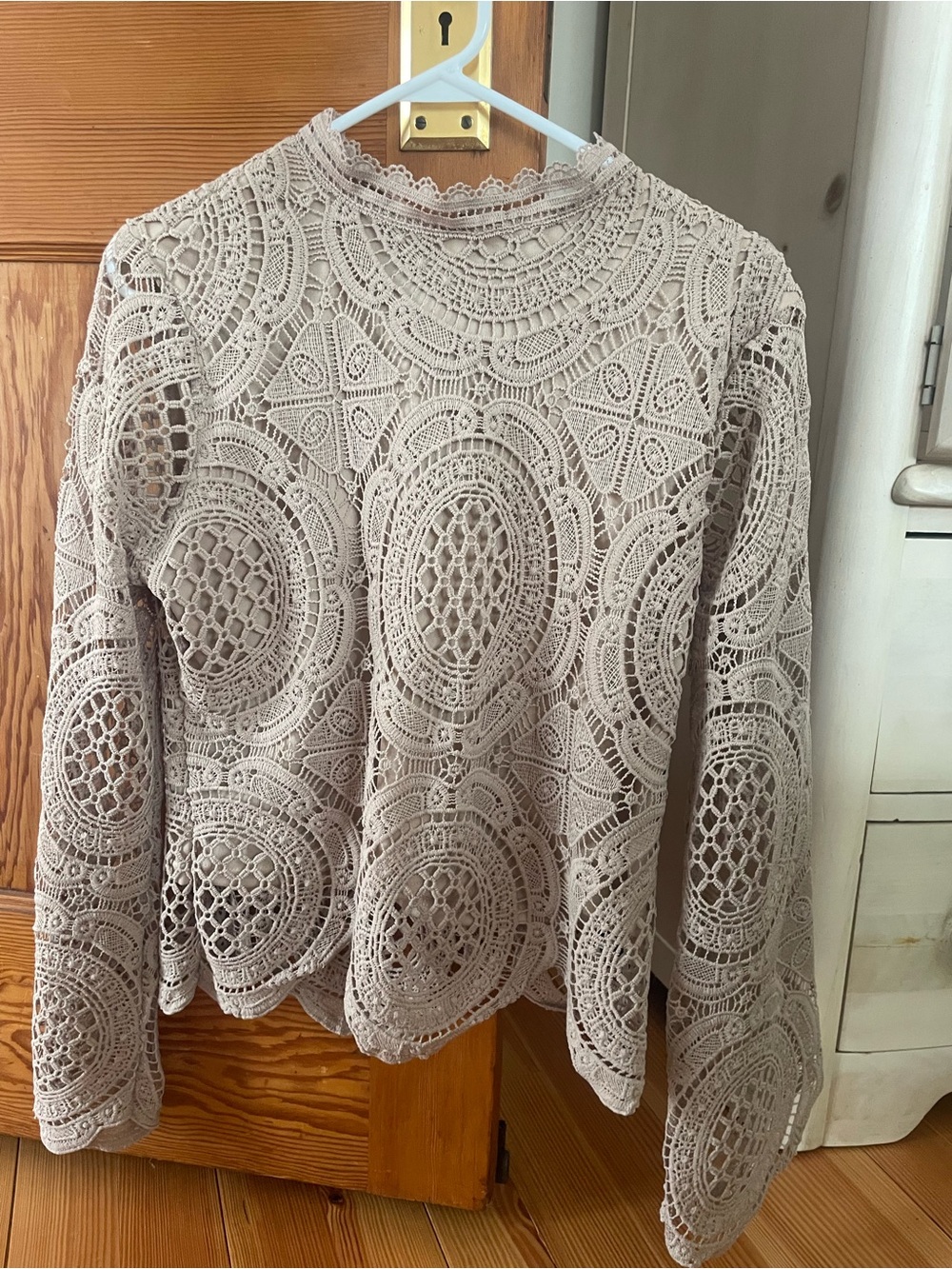 Ultra Pink Beige Crochet Lace Long-Sleeve Top